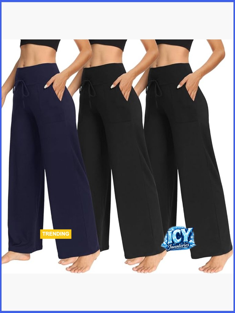 3 Pack Women's Wide Leg Pants With Pockets - Casual Yoga Sweatpants Palazzo